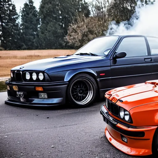 Prompt: greta thunber with a bmw m 3 e 3 0 in the background, spewing black smoke from it's exhaust