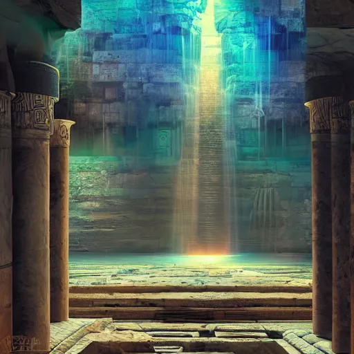 Prompt: ancient egypts interior with waterfalls, digital art, retrowave