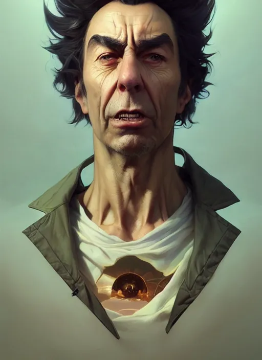 Image similar to concept art by artgerm, amazingly dense distance portrait of a hyper realistic, frowning, sad rick sanchez by greg rutkowski, artgerm, alphonse mucha, concept art, octane render, highly detailed, high quality, 8 k, soft lighting, path traced, and uang guangjian and gil elvgren, symmetry!!