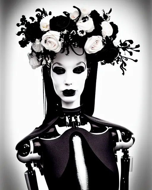 Image similar to dreamy surreal poetic black and white photo of a beautiful young bio-mechanical-female-cyborg-plastic-robot with a very long neck and a super big gothic lace collar and a very high big floral crown with many black dry roses by Vivienne Westwood:: smoke, high fashion, haute couture, rococo, avant-garde, elegant, dreamy, hyper realistic, 150 mm lens, soft rim light, octane render, unreal engine, picture was taken in 1910 by Dora Maar, volumetric lighting, dramatic light,8k,
