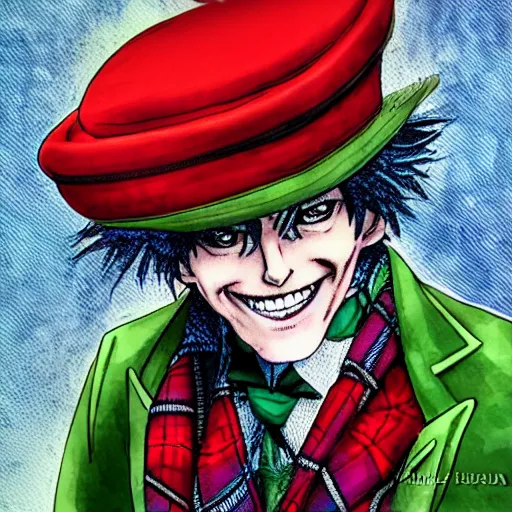 Image similar to The Madhatter as a Manga Character, Scottish Tartan on Hat, Very Large Grin, Depth of Field, 35mm + Art by Rieko Saibara