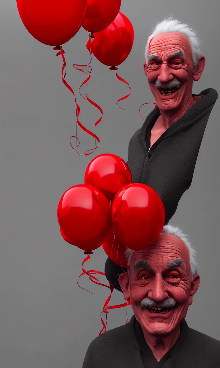 Prompt: illustration of smiling old man with red balloons, highly detailed, digital painting, concept art, smooth, sharp focus, epic composition, gothic art, artstation, concept art, octane render, retrofuturistic