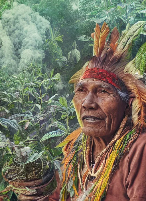 Prompt: a vision of the tobacco plant teacher spirit as an old indigenous man during an ayahuasca ceremony, surrounded by thick smoke, fractals, visionary art, matte painting, highly detailed