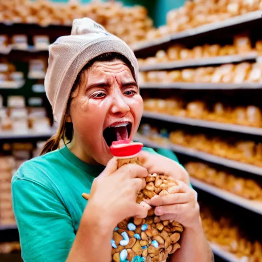 Prompt: person crying at a peanut butter factory