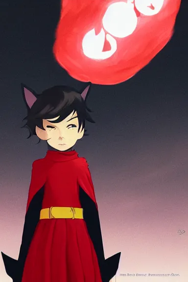 Prompt: little boy with cat ears in an black outfit with red cape. digital artwork made by lois van baarle and norman rockwell and marc simonetti, sharpness focus, inspired by hirohiko araki, anatomically correct, heroic composition, hero pose, smooth