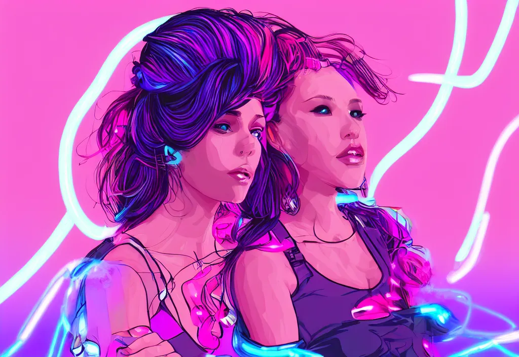 Image similar to a award winning half body portrait of a beautiful woman in a croptop and cargo pants with ombre purple pink teal hairstyle surrounded by whirling illuminated lines, outrun, vaporware, shaded flat illustration, digital art, trending on artstation, highly detailed, fine detail, intricate