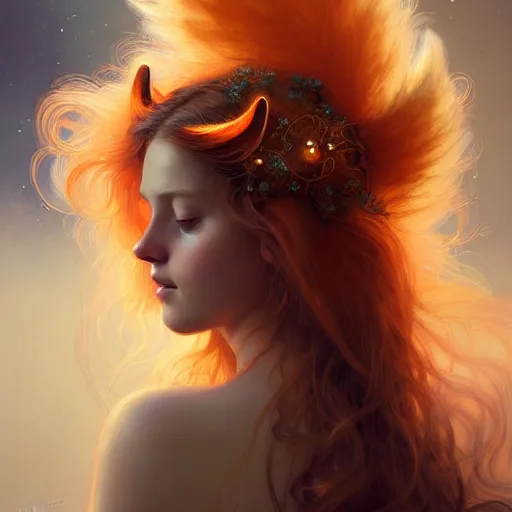 Image similar to Portrait of a girl angel with pale orange colored fuzzy frizzy hair, cat ears on her head, glowing halo, wings on her back, fantasy, intricate, elegant, highly detailed, digital painting, artstation, concept art, smooth, sharp focus, illustration, art by Krenz Cushart and Artem Demura and alphonse mucha