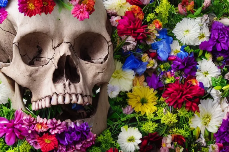 Prompt: human skull made of flowers and filled with flowers, high resolution, high detail, 4 k, 8 k