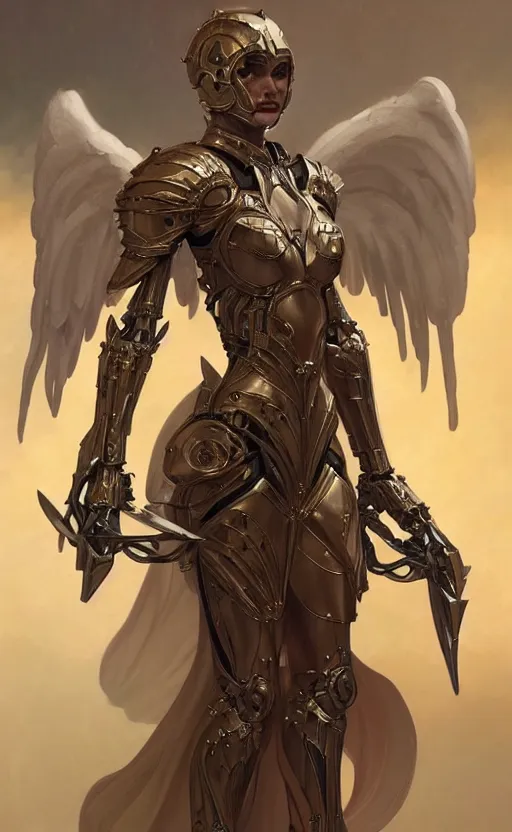 Image similar to Fantasy Concept character art of a angel female in biomechanical knight armor, sci-fi, highly detailed, digital painting, artstation, concept art, smooth, sharp focus, illustration, art by artgerm and greg rutkowski and alphonse mucha