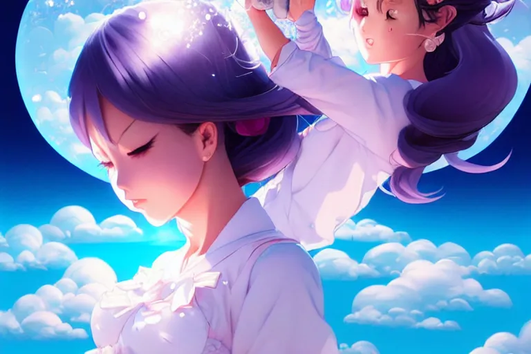 Image similar to bubbly lovely hopefully magical girl flying on the clouds with her kitty, occlusion shadow, specular reflection, rim light, unreal engine, artgerm, artstation, art by hiroaki samura and ilya kuvshinov and ossdraws, high quality, intricate detailed 8 k, fantasy illustration, extremely beautiful and aesthetic shape of face and body, movie poster