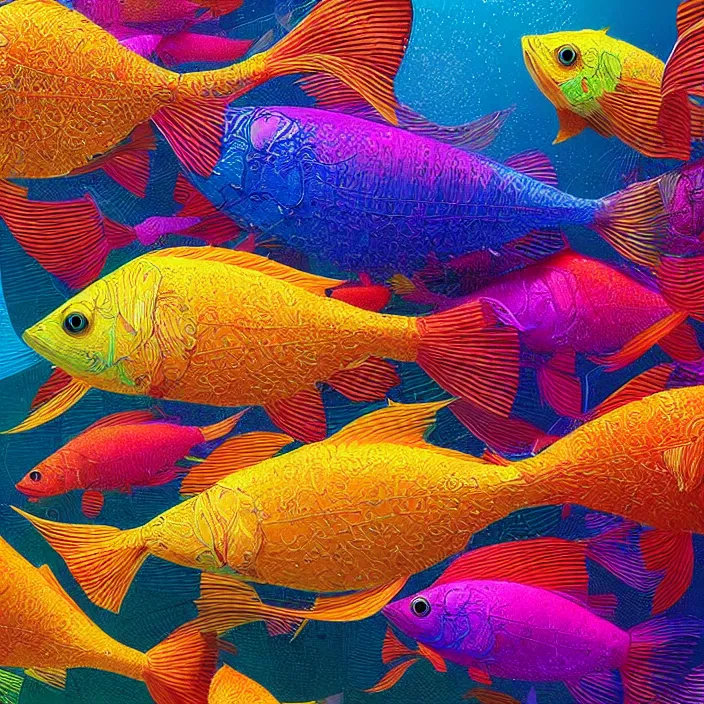 Image similar to colorful fish swimming, in intricate abstract. delicate artwork. by Tooth Wu, wlop, beeple, dan mumford. octane render, trending on artstation, greg rutkowski very coherent symmetrical artwork. cinematic, hyper realism, high detail, octane render, 8k, depth of field, bokeh. chrome accents.