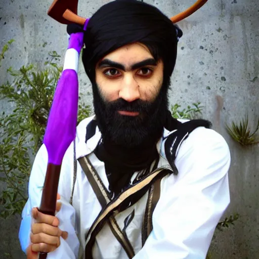 Image similar to Joedat Esfahani, AKA VoyBoy, dressed as Akali from League of Legends. Beautiful handsome bearded artbreeder detailed face.
