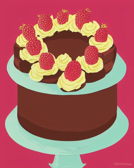 Prompt: chocolate cake with raspberries and floral frosting decorations, by tom whalen