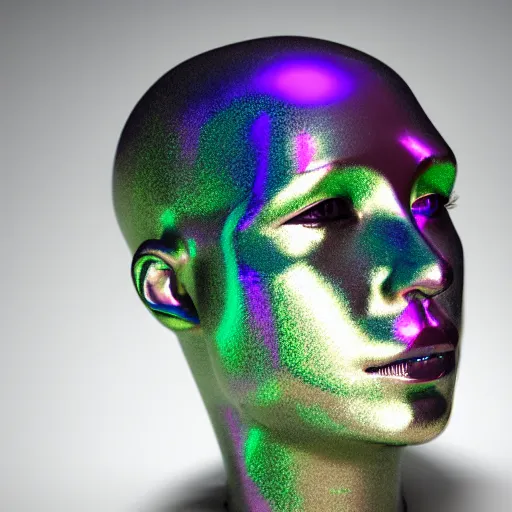 Image similar to 3d render of holographic human robotic head made of glossy iridescent, surrealistic 3d illustration of a human face non-binary, non binary model, 3d model human, cryengine, made of holographic texture, holographic material, holographic rainbow, concept of cyborg and artificial intelligence