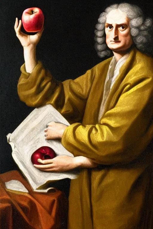 Image similar to isaac newton holding an apple