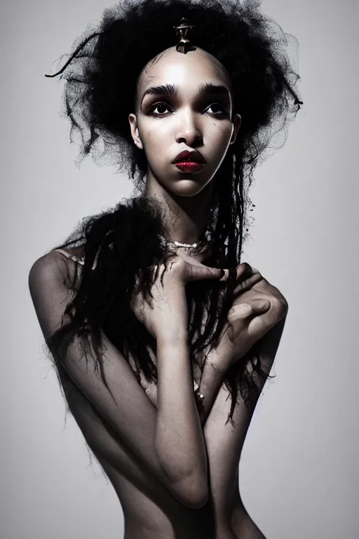 Prompt: photoshoot of fka twigs as mysterious dark goddess of death, realism, clouds, swirling energy, torn fabric, elaborate ornate growth, gilded relief, volumetric lighting, light shafts, ambient light, trending on artstation, by alessio albi