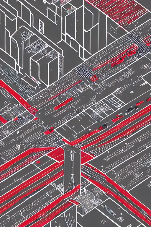 Image similar to drone perspective, aerial view, top down, grid city streets and road, in the style of dr. woo, mostly monochromatic, thin line, hong kong, schematic, blueprint, drawing, black : 3 0 %, red : 2 0 %, grey : 5 0 %, background neutral