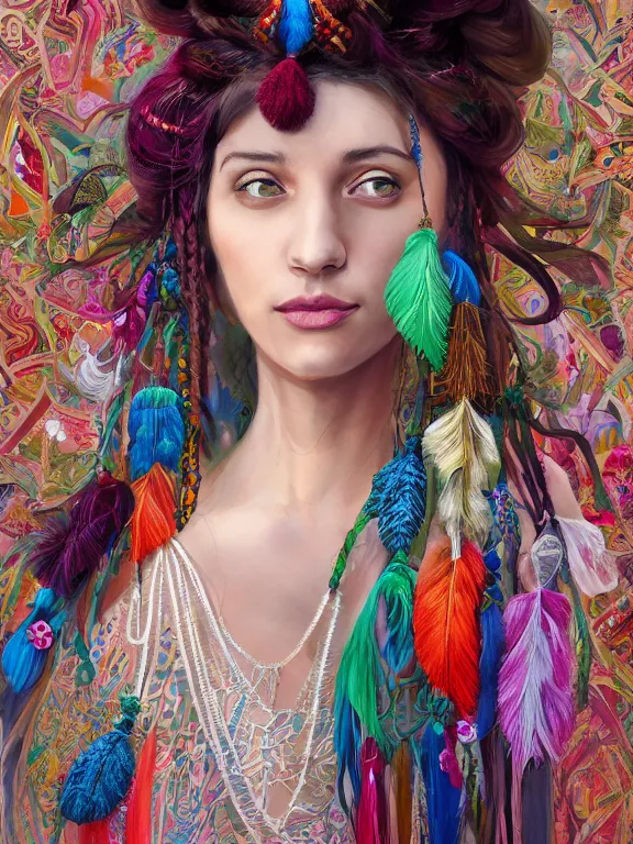 Prompt: beautiful portrait of a mediterranean female wearing fantastic Hand-dyed cotton dress, embellished beaded feather decorative fringe knots ,colorful pigtail,subtropical flowers and plants,symmetrical face,intricate,elegant, highly detailed, 8k,post-processing,digital painting, trending on artstation, concept art, sharp focus, illustration, by artgerm,Tom Bagshaw,Daniel Gerhartz,Albert Aublet,Lawrence Alma-Tadema