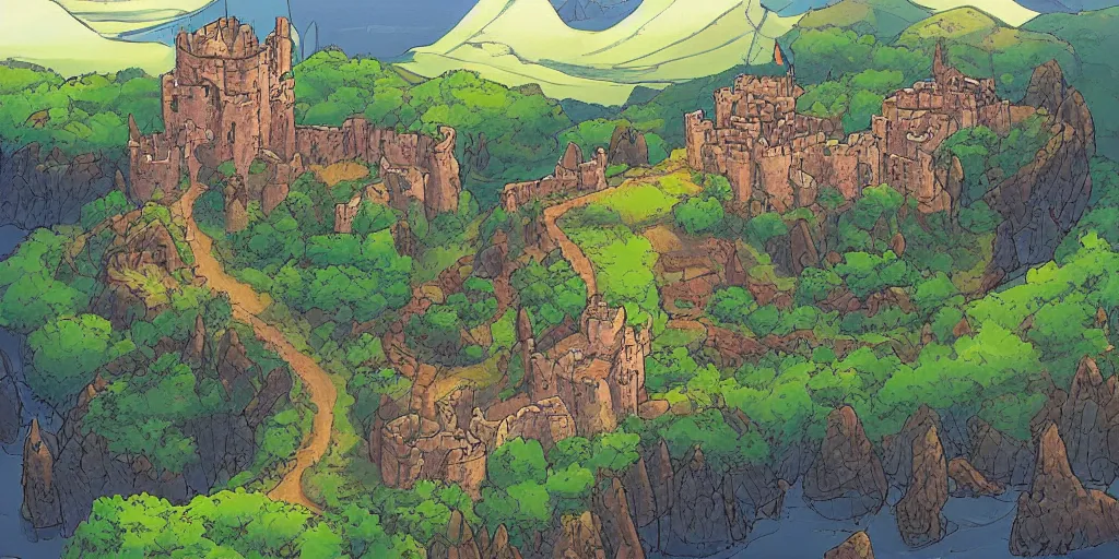 Image similar to stunning landscape of a castle on a lost island on a sunny day by brian k. vaughan