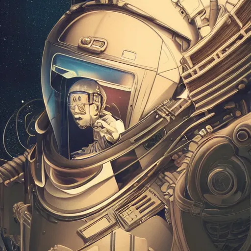 Image similar to intricate mechanical transformer astronaut portrait by yoshitomo nara, by beeple, by yoshitaka amano, by victo ngai, by shaun tan, by good smile company, on cg society, 4 k wallpaper, pastel color theme, mandelbulb textures