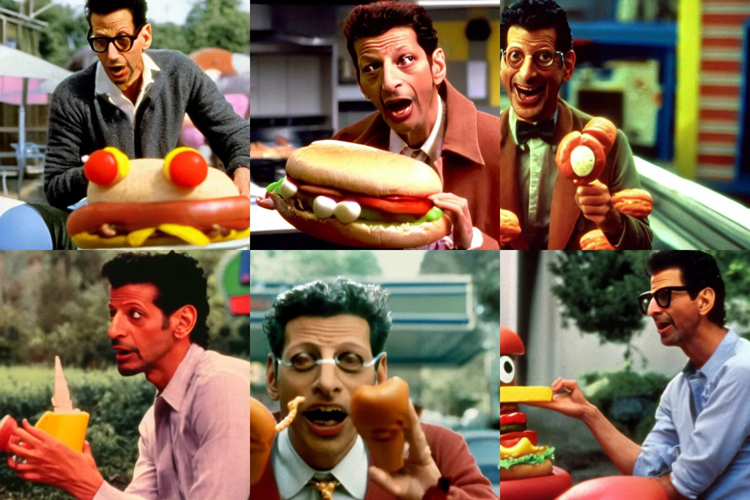 Prompt: Color movie still of Jeff Goldblum in 'Hot Dog monster vs Hamburger monster' by Steven Spielberg