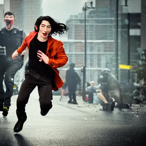 Image similar to high quality render of Ezra miller looking insane and running away from police. 4k