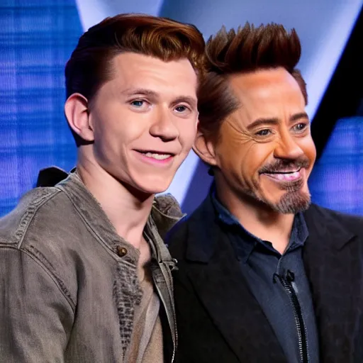 Image similar to tom holland looking at robert downey jr