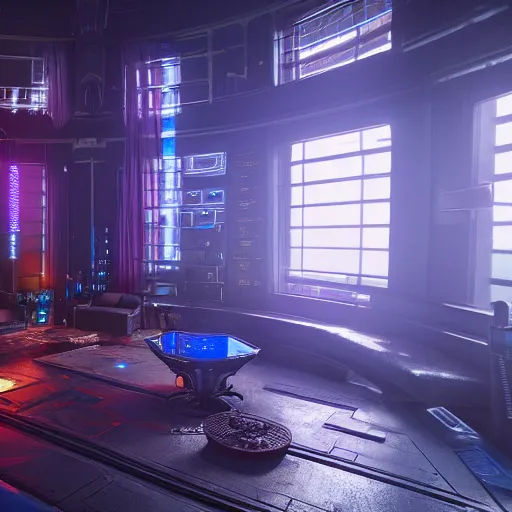 Image similar to A photograph of interior of cyberpunk mansion set in a cyberpunk utopia. Highly detailed, 8k wallpaper, HDR, concept art, unreal engine 5, 4k, 8k, ray tracing, bloom, lens flare