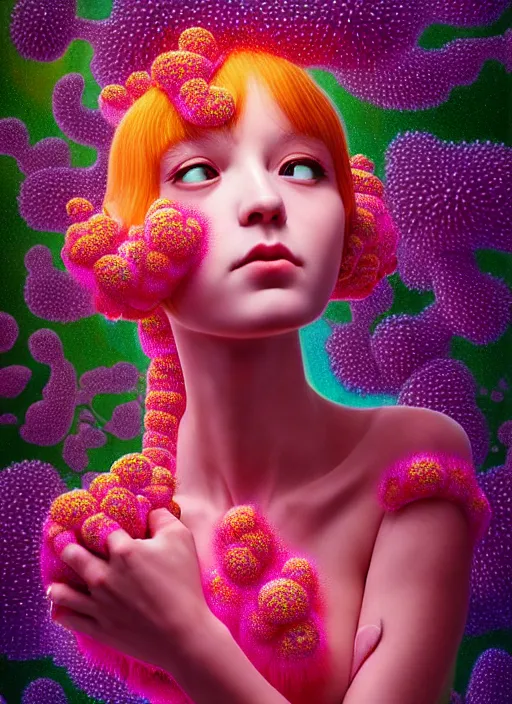 Image similar to hyper detailed 3d render like a Oil painting - kawaii portrait Aurora (black haired Fae) seen Eating of the Strangling network of yellowcake aerochrome and milky Fruit and Her delicate Hands hold of gossamer polyp blossoms bring iridescent fungal flowers whose spores black the foolish stars by Jacek Yerka, Mariusz Lewandowski, Houdini algorithmic generative render, Abstract brush strokes, Masterpiece, Edward Hopper and James Gilleard, Zdzislaw Beksinski, Mark Ryden, Wolfgang Lettl, hints of Yayoi Kasuma, octane render, 8k