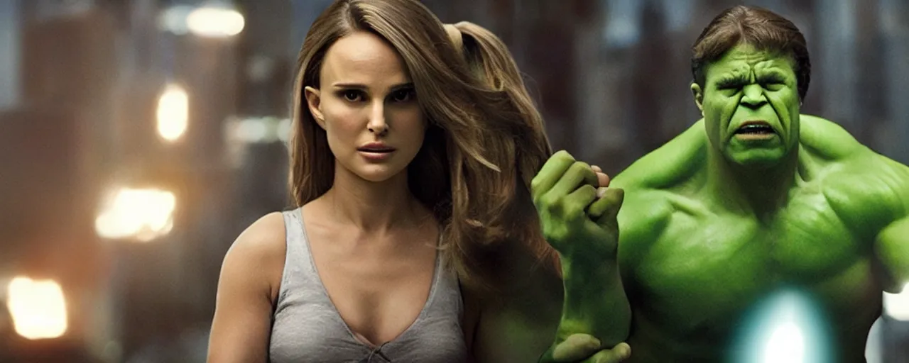 Image similar to “ natalie portman starring as the incredible hulk, film still, studio lighting, wide shot of new york city ”
