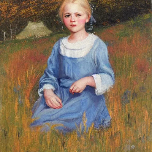 Prompt: young blonde pioneer girl in a meadow, portrait, oil