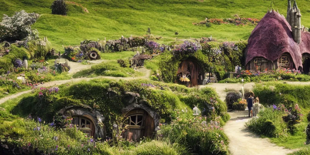 Prompt: a still from howl's moving castle of hobbiton in the shire