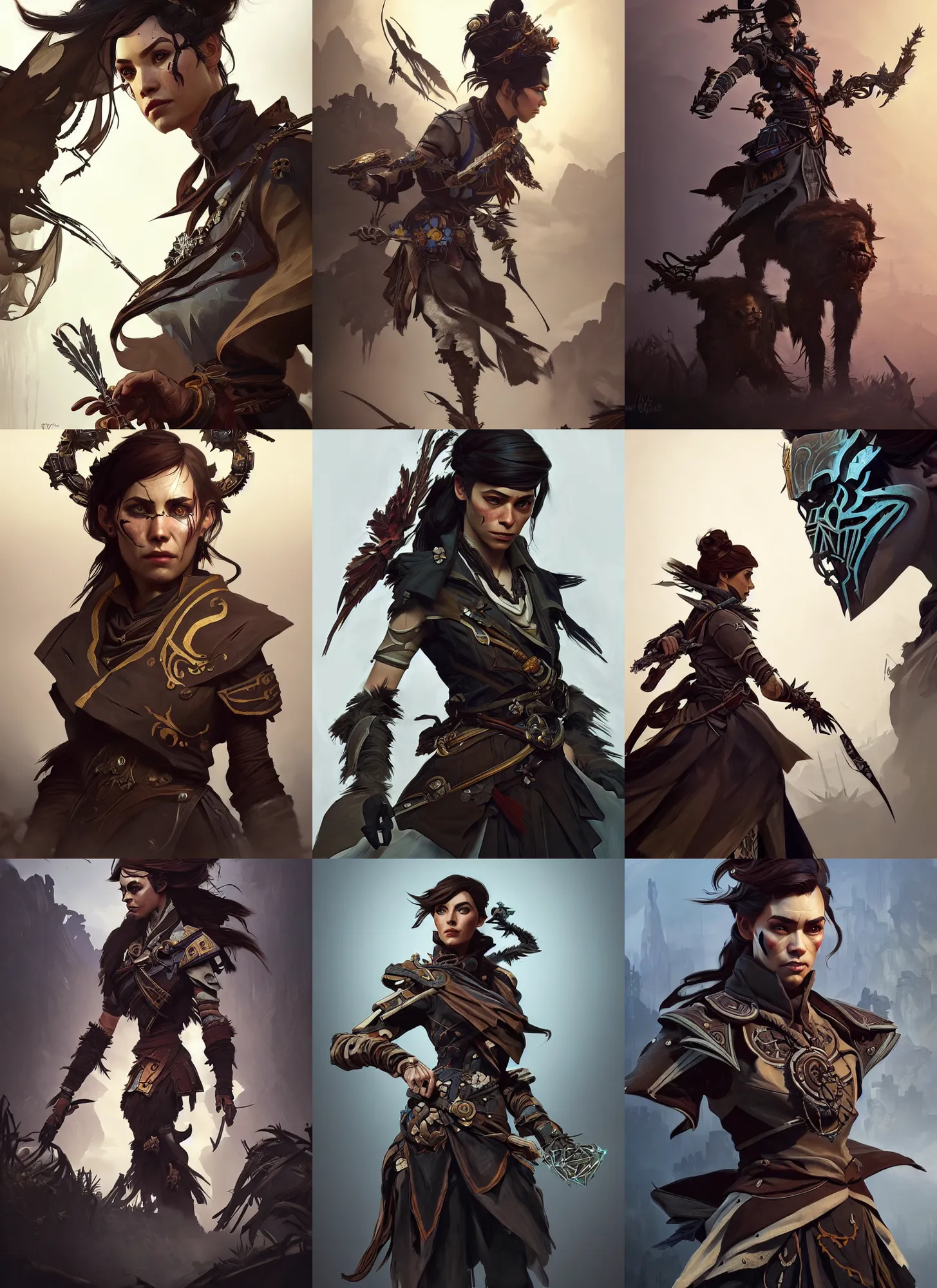 Prompt: characters from the game dishonored combined with horizon zero dawn 2, d & d, fantasy, intricate, elegant, highly detailed, digital painting, artstation, concept art, matte, sharp focus, illustration, hearthstone, art by artgerm and greg rutkowski and alphonse mucha