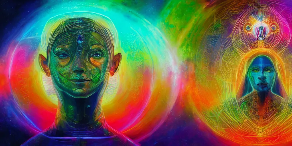 Image similar to transcendence into collaborative intelligence, endless collaboration with ai, connectedness, body, by alex grey, award winning, beautiful, colorful, volumetric lighting, trending on artstation, cinematic