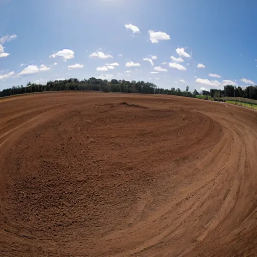 Image similar to a cow on a motocross track, fisheye lens