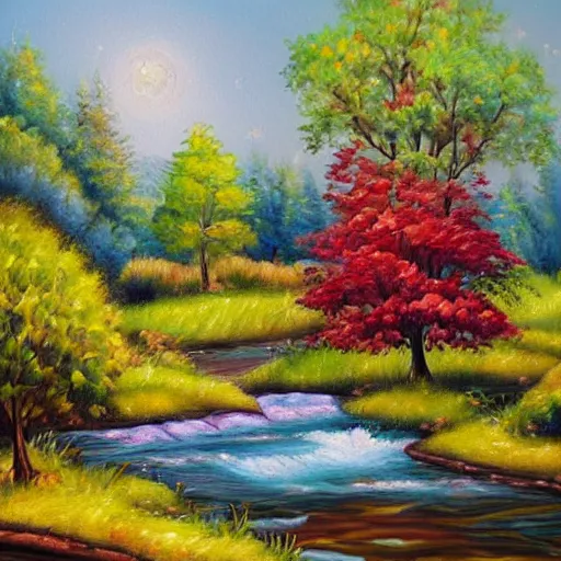 Prompt: a beautiful landscape, oil painting, candy bushes, candy trees, chocolate river