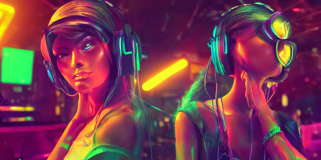 Prompt: beautiful digital drawing of a cyberpunk girl listening to music in a colourful club in KylieDeAmore style botoxed no nose realistic, octane render, hyperrealistic, high quality, highly detailed, artstation, HD, beautiful, cinematic, 8k, unreal engine, facial accuracy, symmetrical