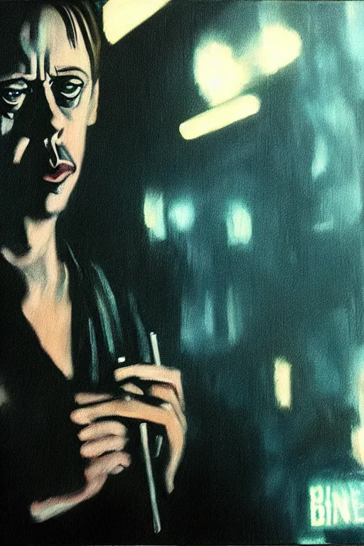 Image similar to oil painting of film still of steve buscemi smoking a cigarette in blade runner, 4 k