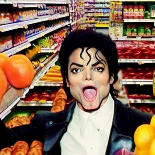 Image similar to micheal jackson giant mouth screaming yelling in supermarket