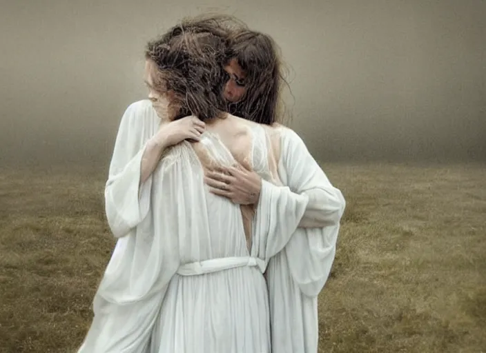 Image similar to jesus hugging a woman from behind, spirit hugs, in style of paolo roversi, britt marling style 3 / 4, long hair, a beautiful ethereal lace white robe, 8 k, soft focus, soft light, volumetric lighting, highly detailed realistic, refined, highly detailed, natural outdoor soft pastel lighting colors scheme