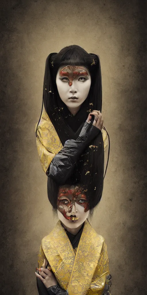 Image similar to portrait of a futuristic geisha with crying black eyes, kintsugi, modern fine art, fractal, intricate, elegant, highly detailed, digital photography, subsurface scattering, by jheronimus bosch and greg rutkowski,