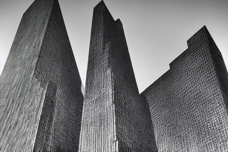 Image similar to a black and white photograph of an enormous building, brutalist architecture, long shot,