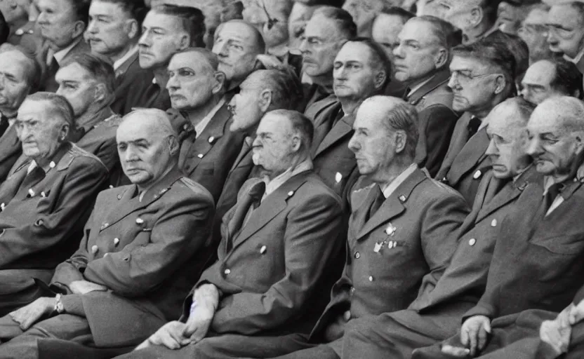 Prompt: 50s movie still full-lenght portrait of soviet generals with very detailed faces sit at the parlement, by Alexei Guerman , Cinestill 800t 35mm black and white, heavy grainy picture, very detailed, high quality, 4k, HD criterion, precise texture