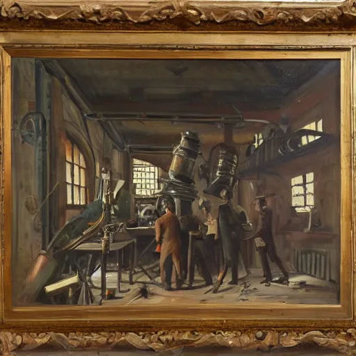 Image similar to oil painting of a nineteenth century engineers workshop, chaotic. in the center a big armoured suit akin to a submarine with a diving helmet