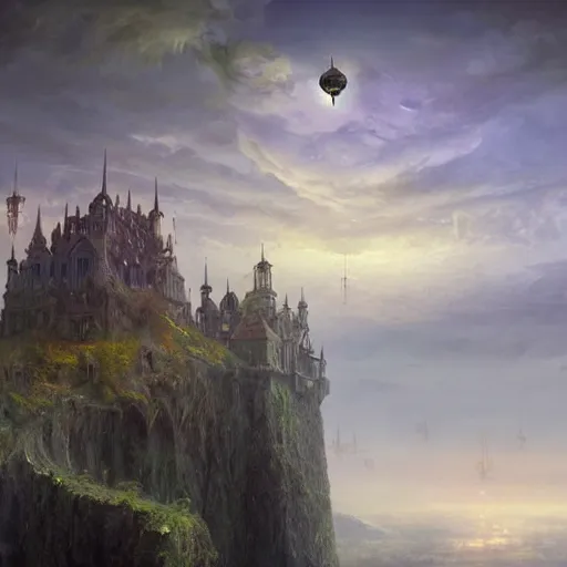 Image similar to a painting of a city castle floating in the air, flying island, levitating citadel, a matte painting by marc simonetti, deviantart, fantasy art, lush world above an apocalypse landscape, matte painting, fantasy landscape