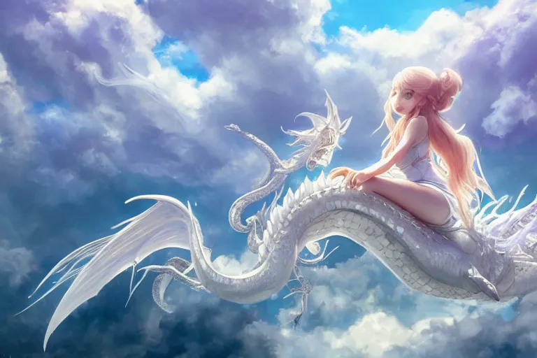 Image similar to the beautiful hyper detailed big scene render that a beautiful girl sitting on the back of a huge silver white dragon alone in fairyland surrounded by white clouds, finely detailed angelic face delicate features, style of studio ghibli, makoto shinkai, raphael lacoste, artgerm, karol bak, kazuki tanahashi, james jean, ross tran, ultra wide angle