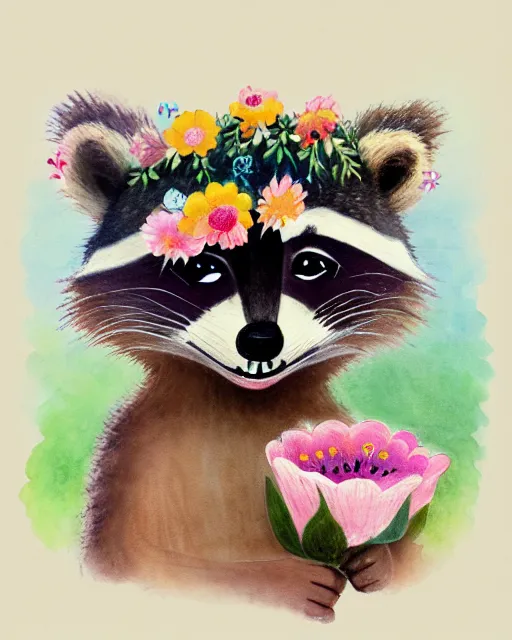 Image similar to a watecolor painting of a smiling happy cute raccoon wearing a flower crown, by antoine de saint - exupery and annabel kidston and naomi okubo and jean - baptiste monge. a child storybook illustration, muted colors, soft colors, low saturation, fine lines, white paper