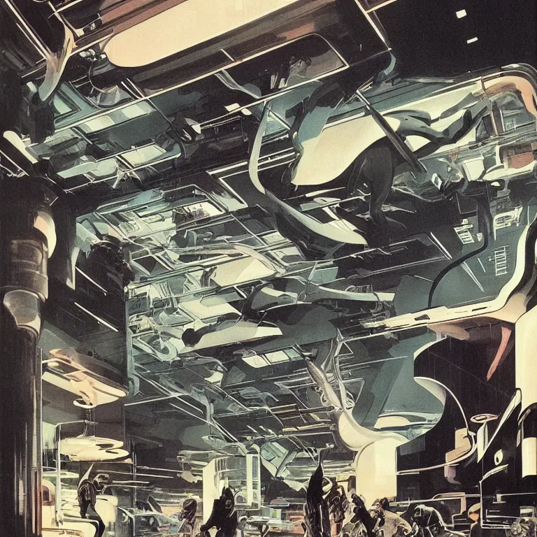 Image similar to 1970's sci-fi comic book art of silhouettes watching a large alien aquarium by Syd Mead. fancy futuristic architecture. highly detailed illustration. beautiful dark moody lighting.
