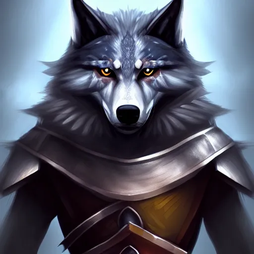 Prompt: half length portrait of an anthropomorphic wolf knight character, epic dramatic digital painting, trending on artstation