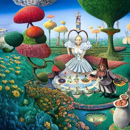 Prompt: portrait of a beautiful alice in wonderland by jacek yerka and salvador dali, detailed matte painting, 8 k resolution